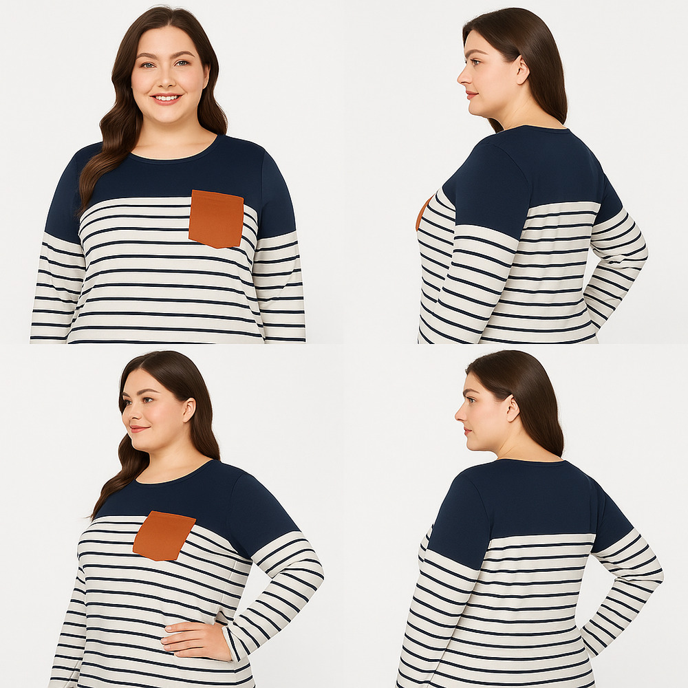Shein‎ Shirt Womens Size OXL Navy, White & Tan Long Sleeve Striped Colorblock